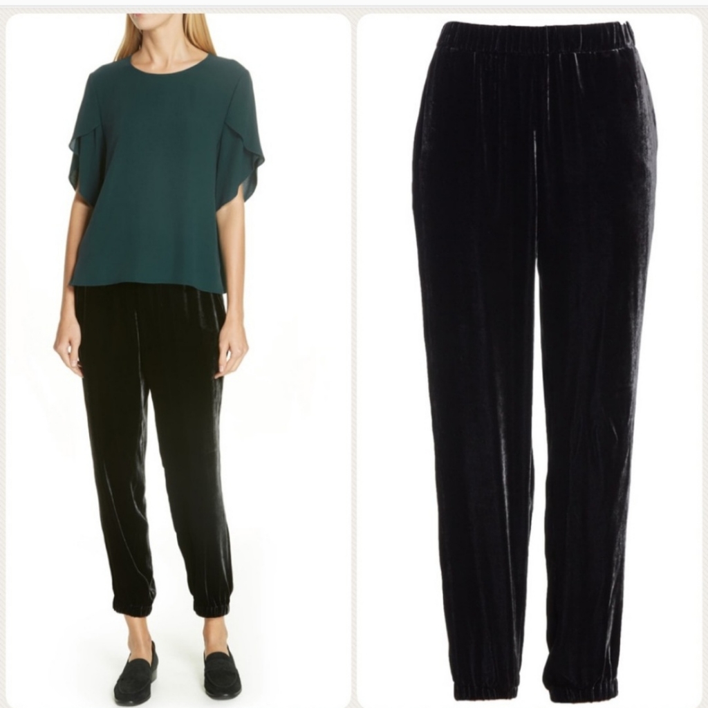 Eileen Fisher Velvet Pull On Elasticized Cuffed Jogger Pants Sz L Black